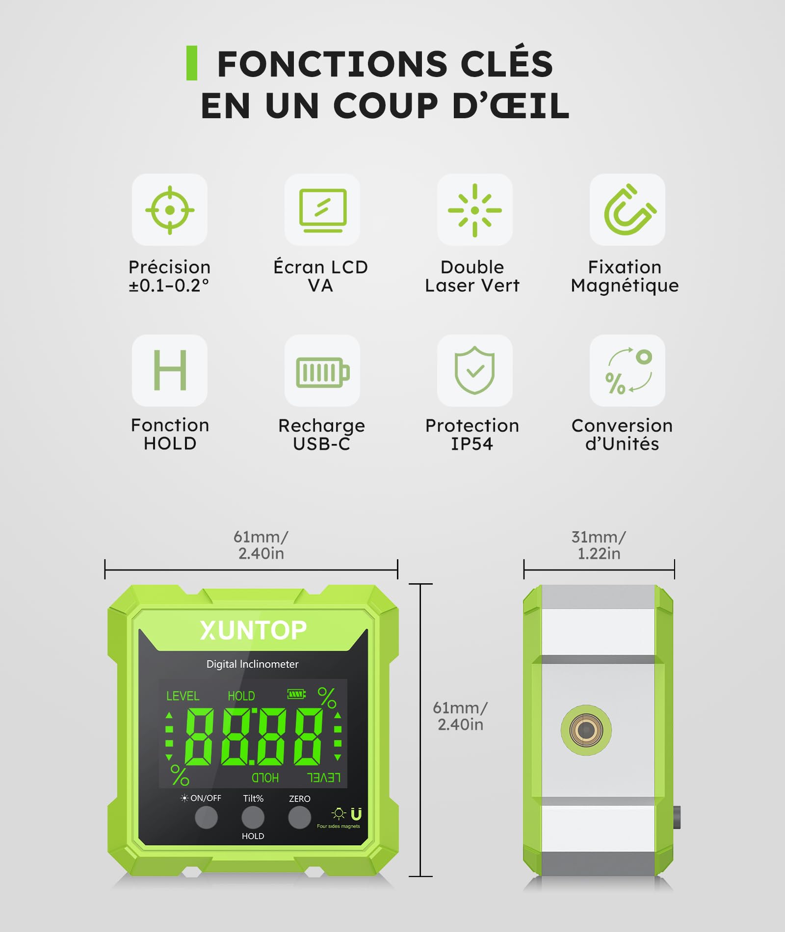 XUNTOP Inclinomètre Numérique 360° avec Laser Vert Haute Visibilité – Niveau Laser Électronique Magnétique 4 Faces, Écran VA Vert Fond Noir, USB-C Rechargeable, IP54, Outil Mesure d’Angle pour Menuise