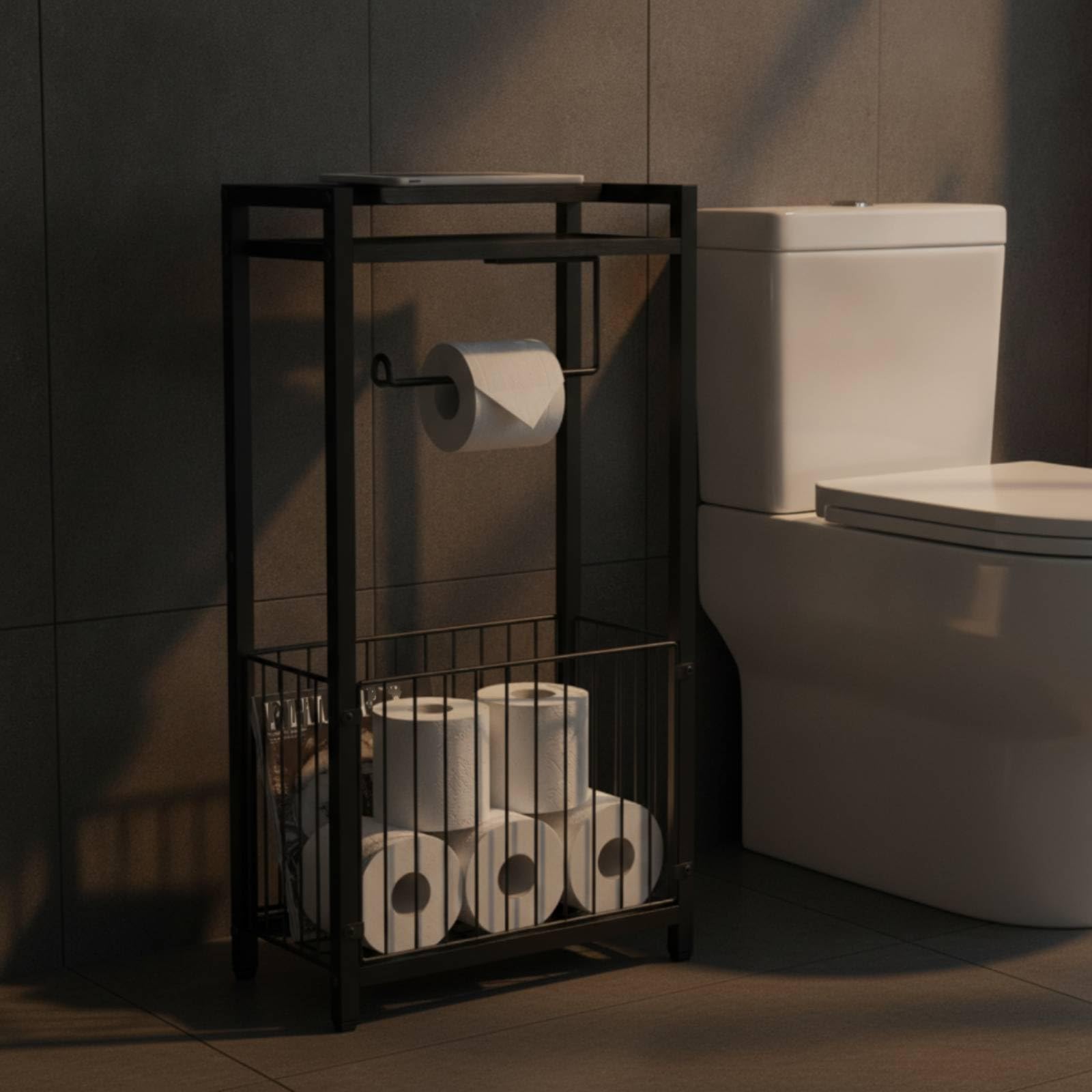 predolo Porta Carta Igienica da Terra in Metallo Portarotolo da Terra Compatto Piantana Bagno, Nero