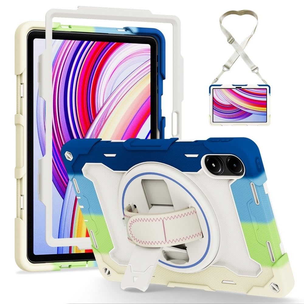 Generic etui kompatybilne z Samsung Galaxy Tab A9 8,7 SM-X110 X115 X117 (kolor: kolorowy niebieski) odporny na wstrząsy przód tył pełny twardy tył silikonowe etui z długim paskiem