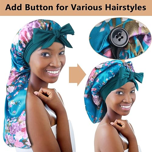 Miniatura 3 de 2 gorros largos de satén con banda de corbata, gorro de trenza grande para cabello sedoso para rastas de mujer, J