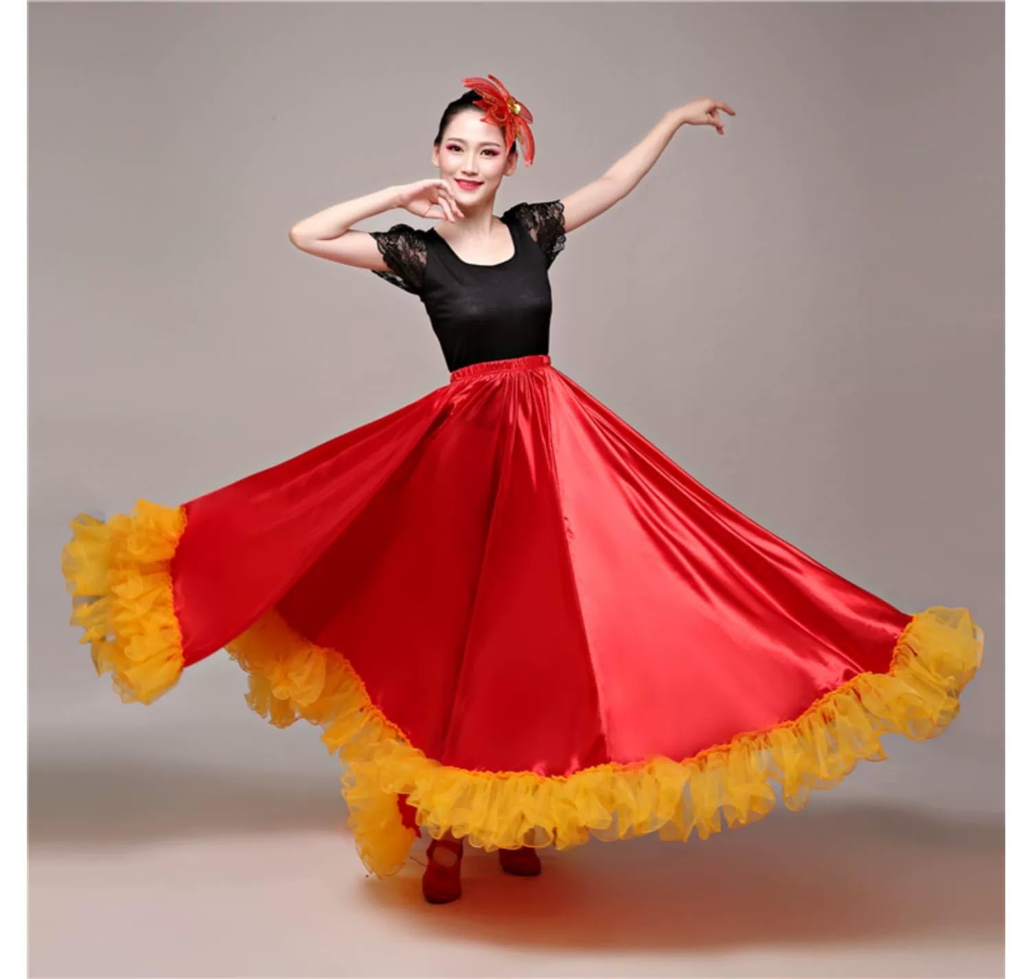 Damen-Abschlussball-Chiffon-Bauchtanzrock, Karneval, böhmischer Flamenco-Ballsaal, Stierkampf, Langer Swing-Rock,1 red 720°,One Size