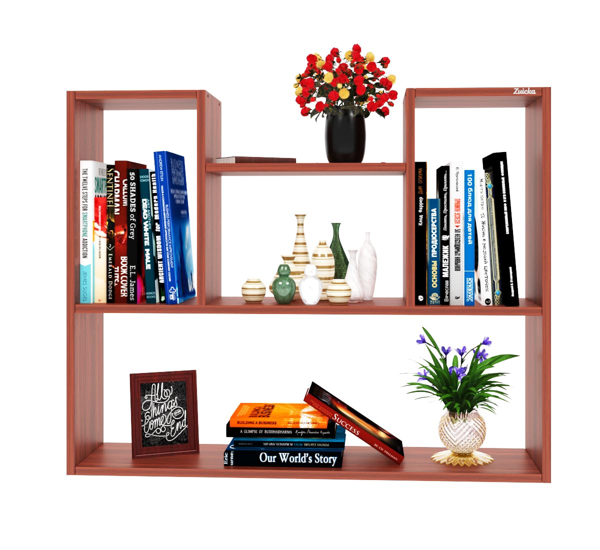 Zurora Modern Wall Mounted Display Shelf, Cherry Wood Finish, Multi-Level Bookcase Storage Unit, 60x57x15 cm, Living Room Decor Organizer-image-8