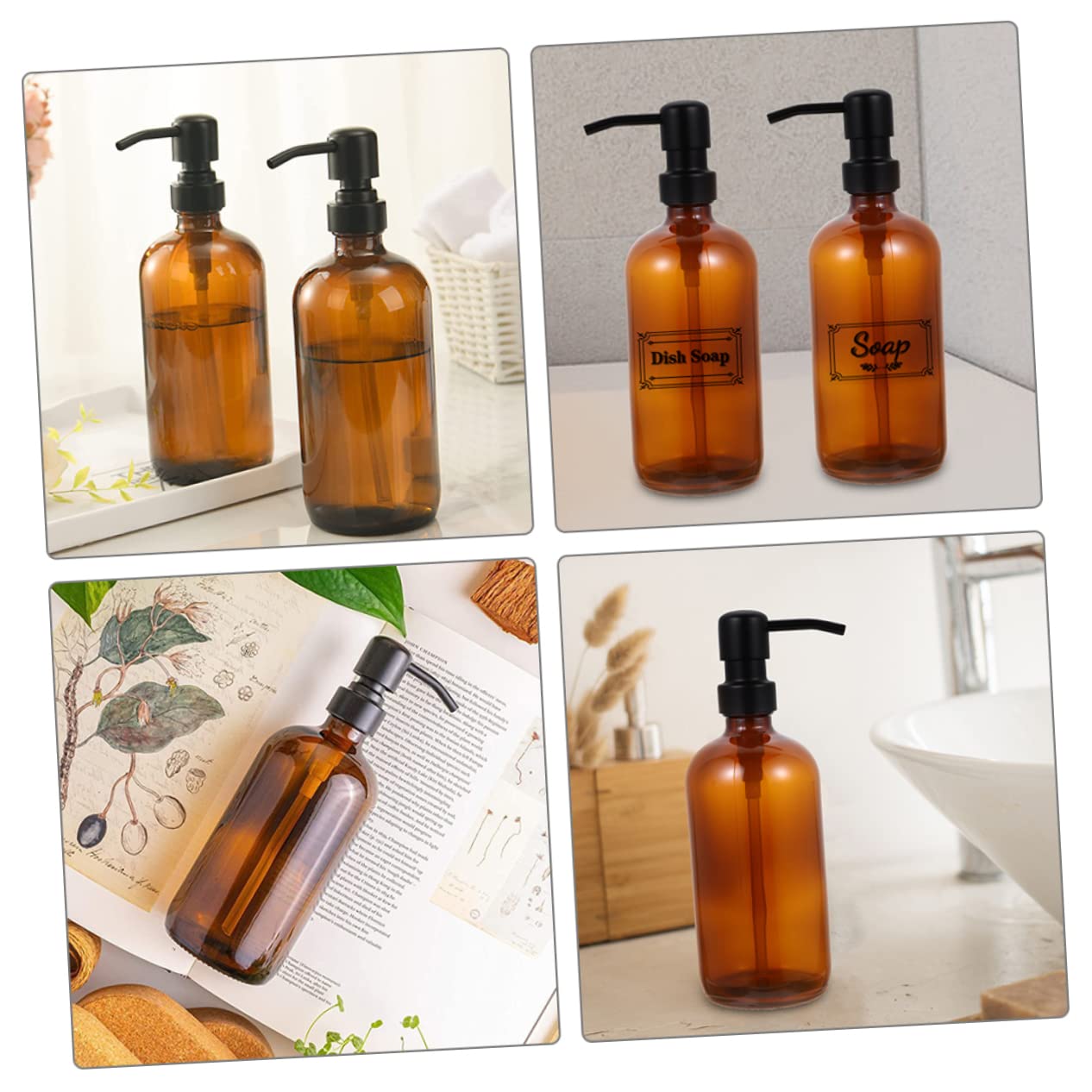 Jabón de Vidrio Marrón 500ml con Bomba de Acero Inoxidable, 2 Piezas