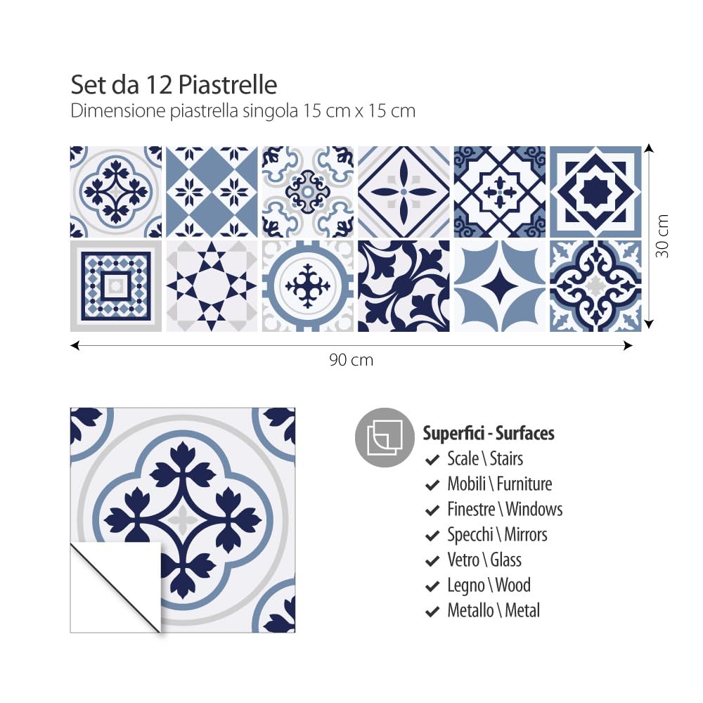 RE-COVERTILES - Adesivi per Piastrelle Bagno e Cucina 12 Pz 15x15 cm - PS00099 Decorazione murale in PVC impermeabile mattonelle mosaico stile cementine Azulejos