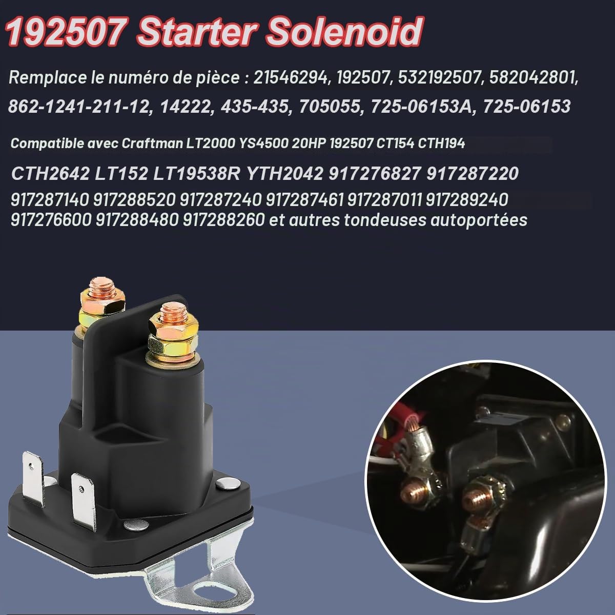 ZAMDOE 192507 532192507 582042801 Solénoïde de démarrage pour Husqvarna pour Poulan pour Craftsman pour AYP pour Ariens 582042802 146154 178861 725-06153A 21546294 435-325 705055 Tondeuse à Gazon