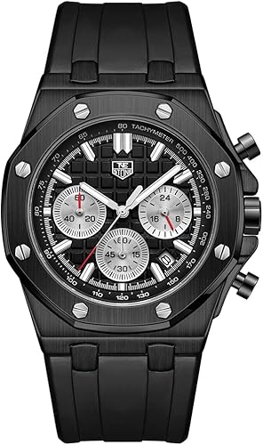 Men's Watch Silicone Band, Quartz Analog Waterproof Multifunction Chronograph Sports Watch for Men with Calendar Black Rubber Strap