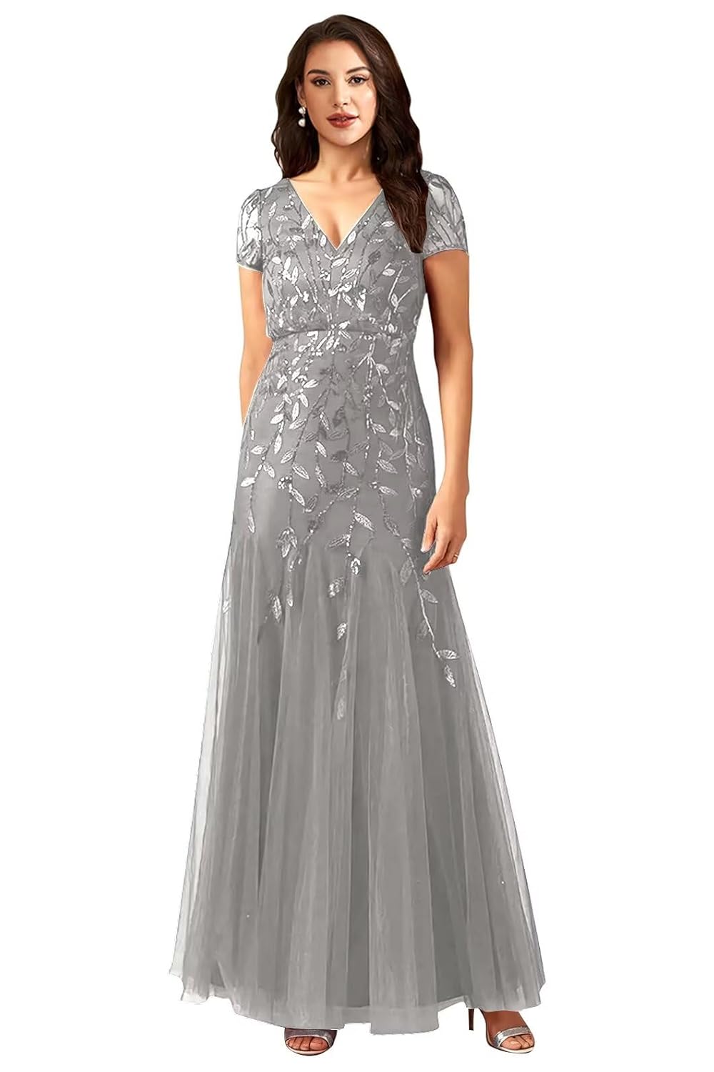 Sequin Mermaid Mother of The Bride Dresses Laces Short Sleeves Mother of The Groom Dress V Neck Evening