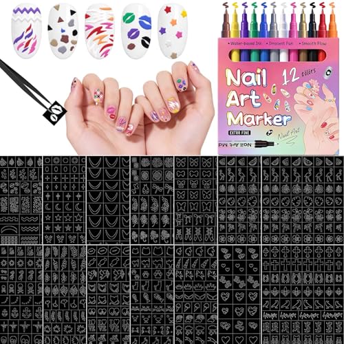 12 Colors Nail Art Pens Set + 14 Sheets Nail Stencils for Women & Girls Waterproof and Quick-drying Fine Tip Nail Art Maker for DIY Nails Design Portable Nail Art Tools for Home Salon with Tweezers