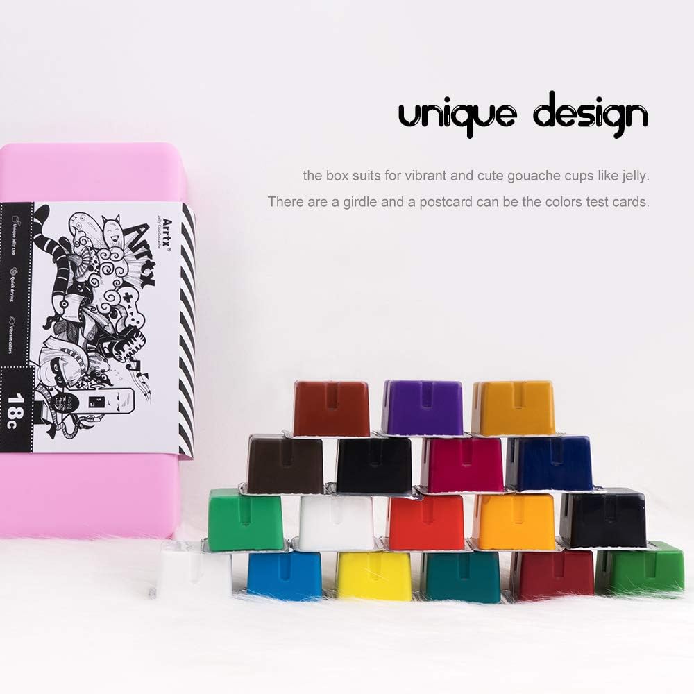 Arrtx Gouache Paint Kit, 18 Colors x 30ml Paint Set & 10 Pieces Hog Bristle Paint Brushes, Unique Jelly Cup Design with Portable Case Gouache, Perfect for Oil, Acrylic Painting & More (Pink)