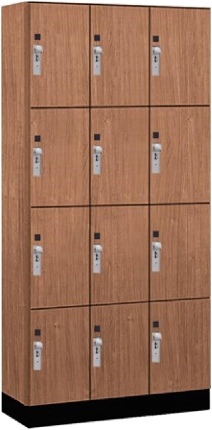 Salsbury 12" Wide Premier Wood Locker-Four Tier-3 Wide-6 Feet High-15 Deep-Red Oak-Silver Hasps