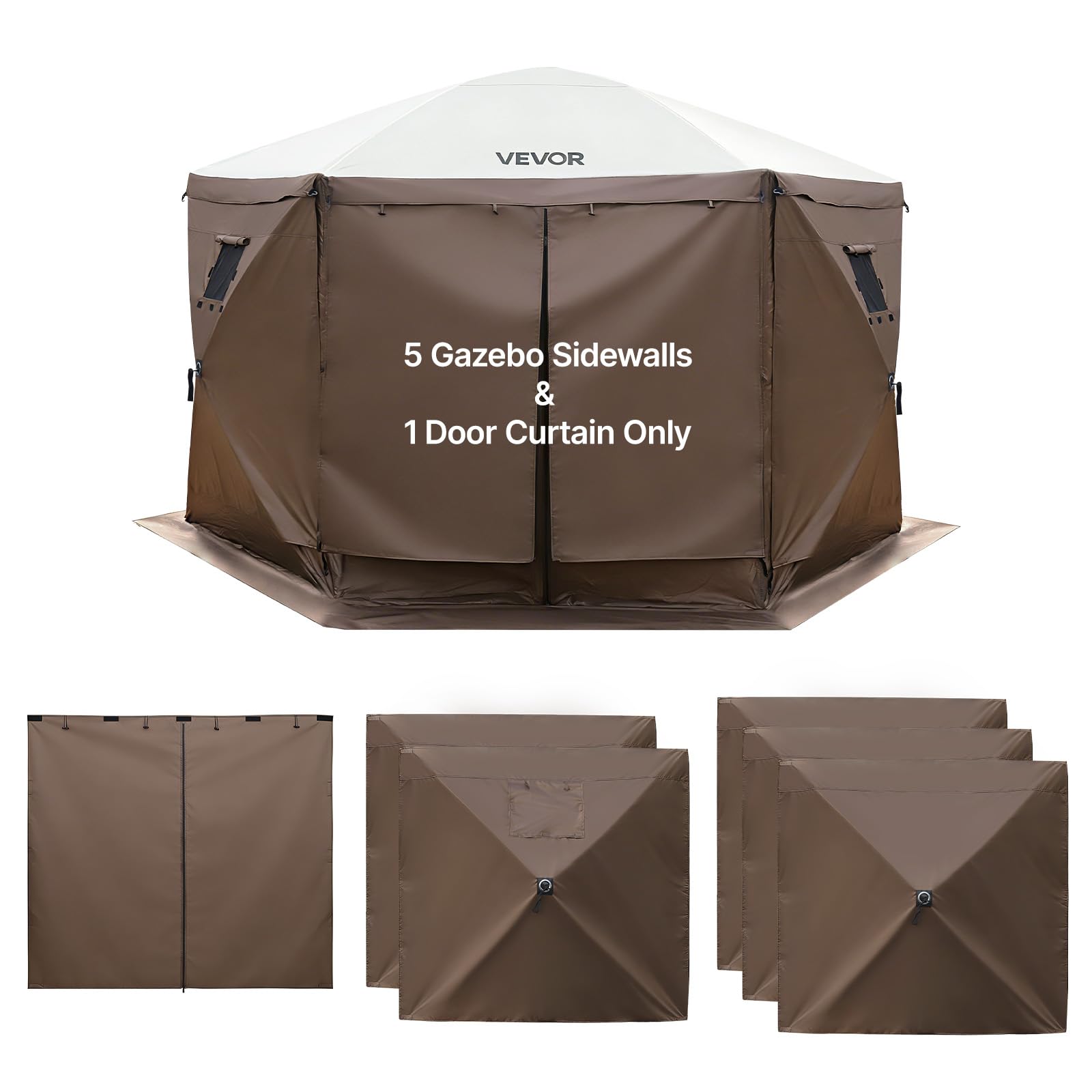 VEVOR Pannelli Laterali per Gazebo 1,73 x 1,48 m, con Protezione Impermeabile e dalla Luce Solare, 1 Porta con Cerniera e 2 Finestre, per Eventi all'Aperto, Solo 6 Pareti Laterali, Marrone