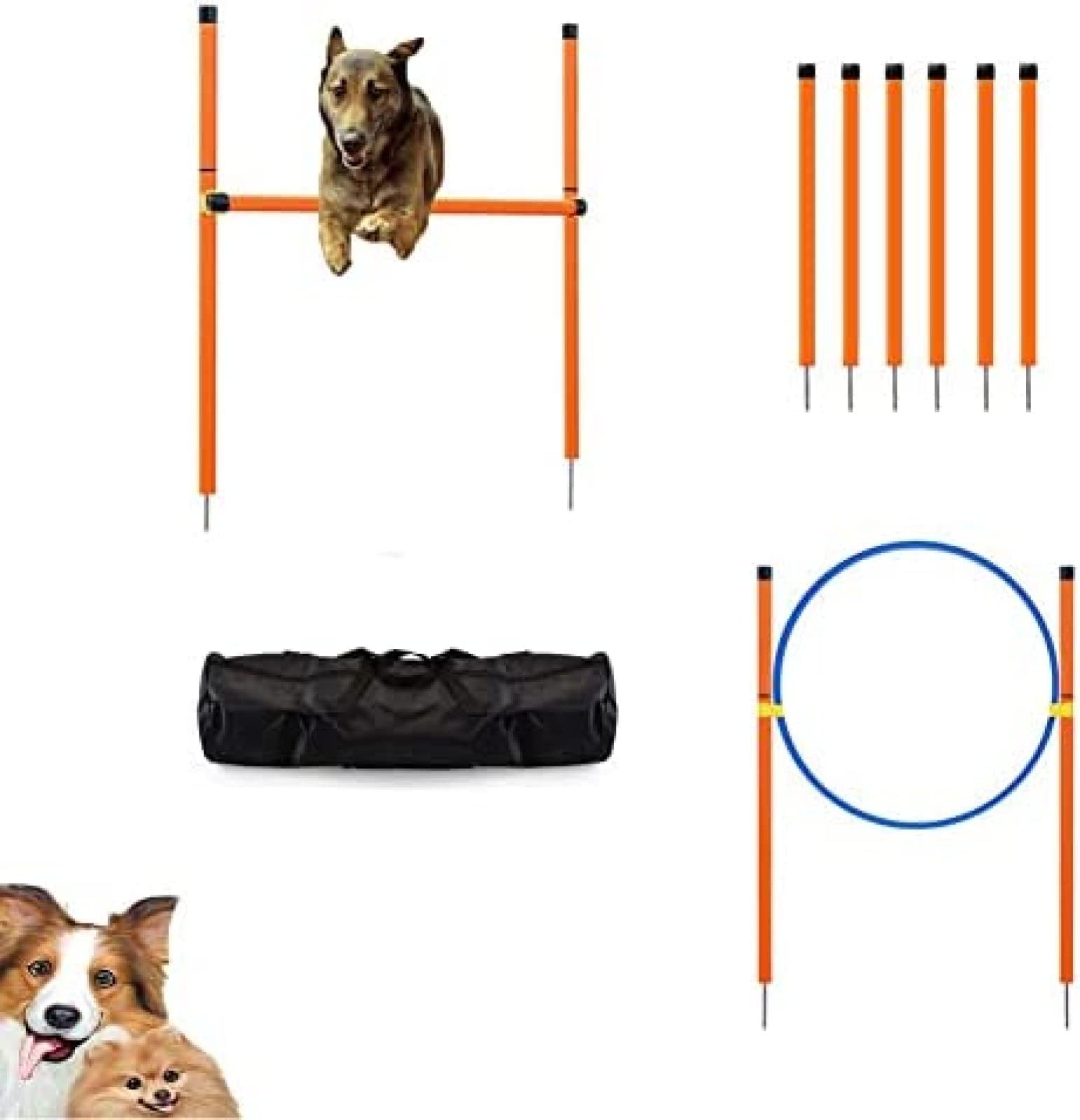 Equipo de Agilidad para Mascotas,Curso de Entrenamiento de obstáculos de Agilidad para Perros portátil al Aire Libre con Bolsa de Transporte,Postes de Tejido de Agilidad,Vallas Ajustables,Ju