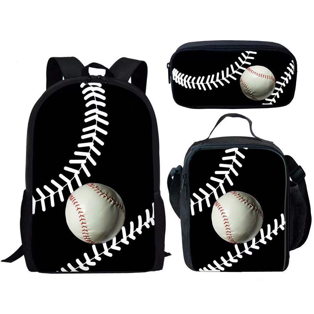 Dellukee Middle School Backpack Set For Boys Fashion Lunch Bag Pencil Bags Book Bag Baseball Print, Baseball 2, One_Size, Daypack Backpacks