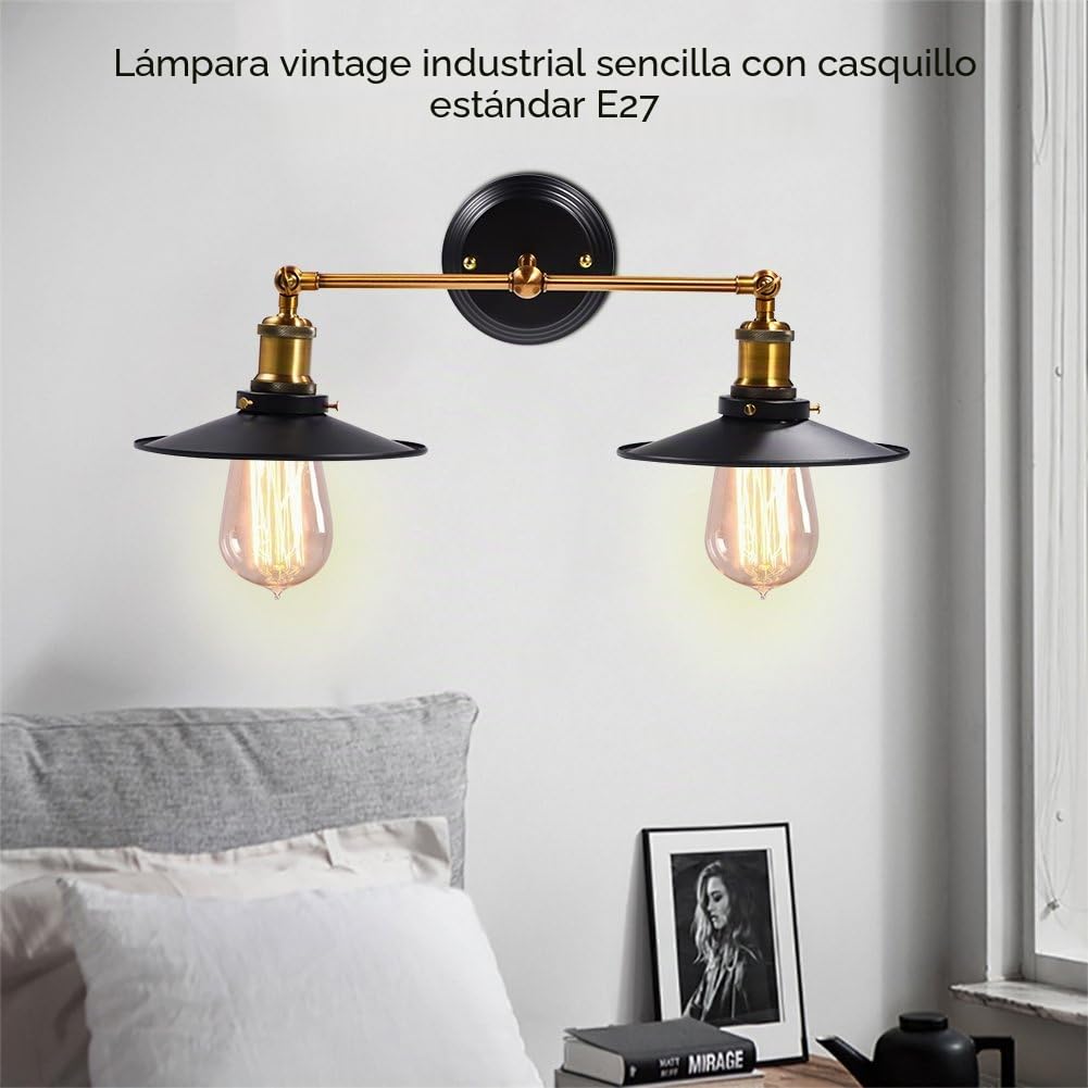 Zerodis Lámpara de Pared, Apliques de Pared Bañadores de Pared Lámpara Vintage 40W Luz Industrial Estilo Retro Casquillo E27 La Carcasa de Fuera Negra (Bombilla No Incluida)(Double Head)