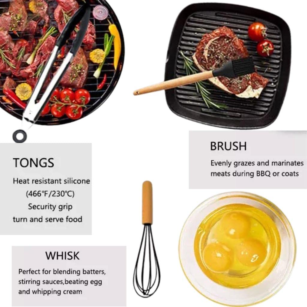AHASON'S Set di utensili da cucina in silicone resistenti al calore da 230 °C a 230 °C, pinza, cucchiaio, spatola, pennello, frusta con supporto, utensili da cucina, set di utensili da cucina