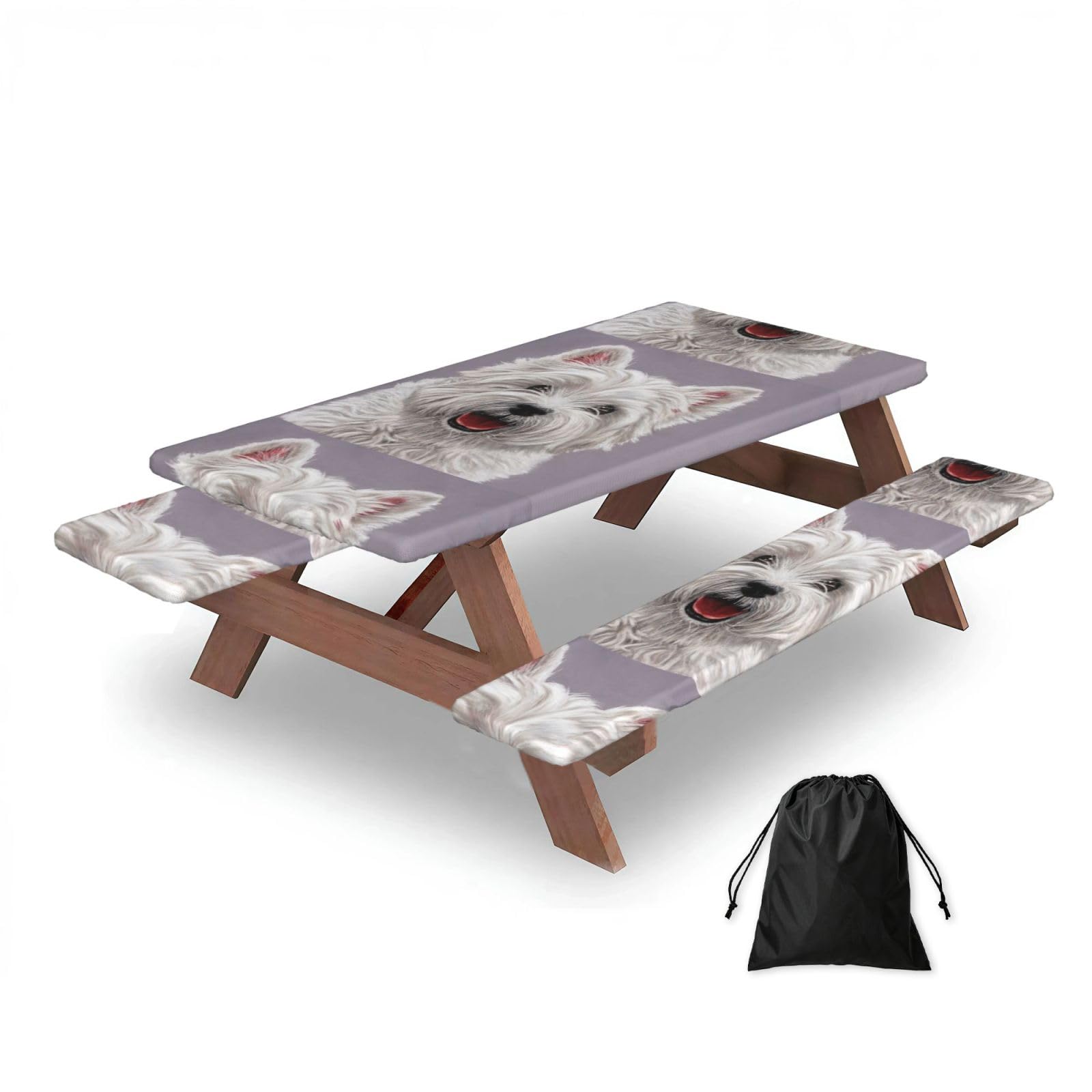 Dopklna As Picture Cute West Highland Terrier Dog Art Printed, Picnic Table Cover With Bench Covers -Waterproof Elastic Fitted Tablecloth For Garden Camping Patio 76X152cm