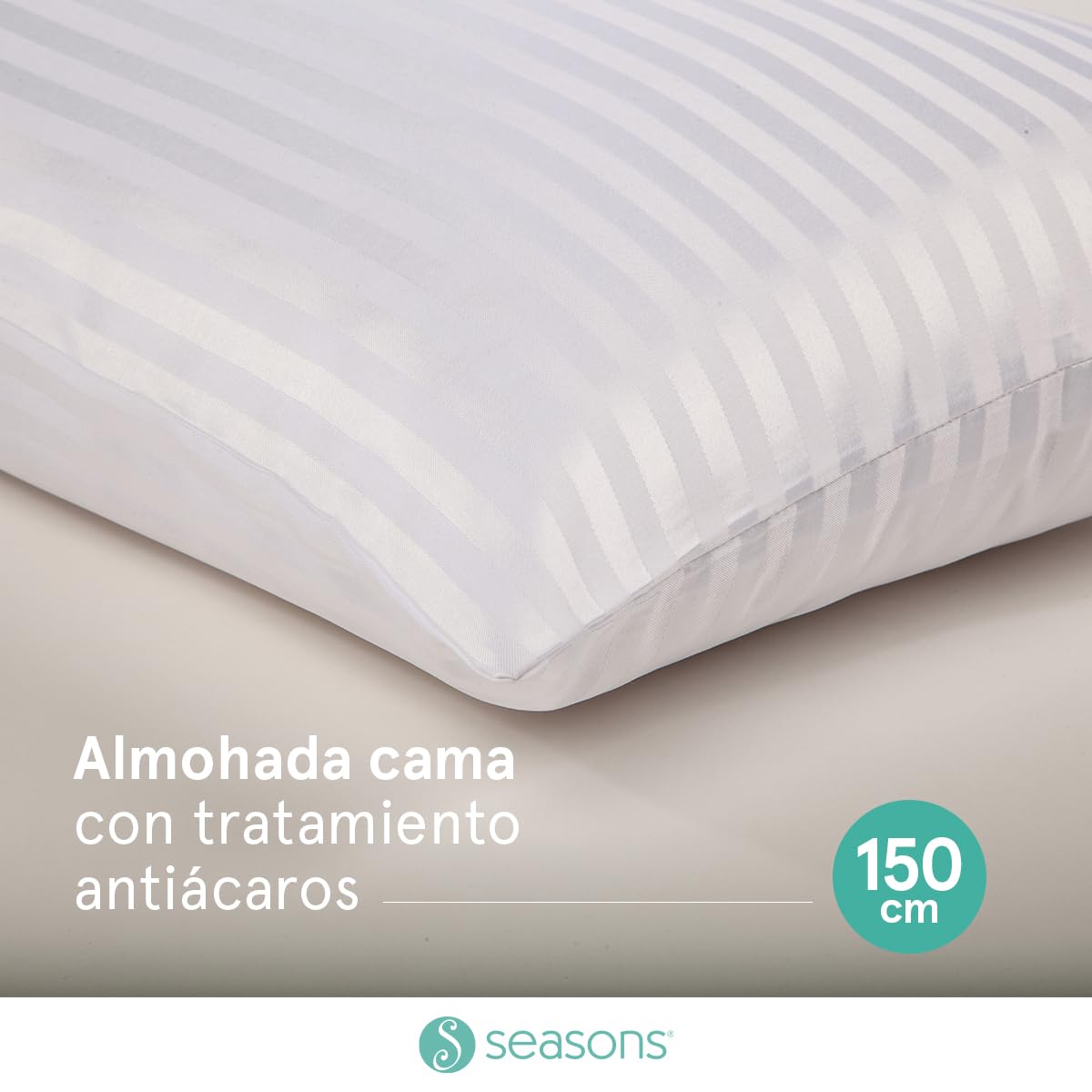 SEASONS - Almohada de Fibra con Tacto Pluma, 150 cm, Antiácaros, Tejido Satén Algodón, Ligera y Transpirable, Doble Funda, Tratamiento con Limpieza de Ozono, Fabricado en España