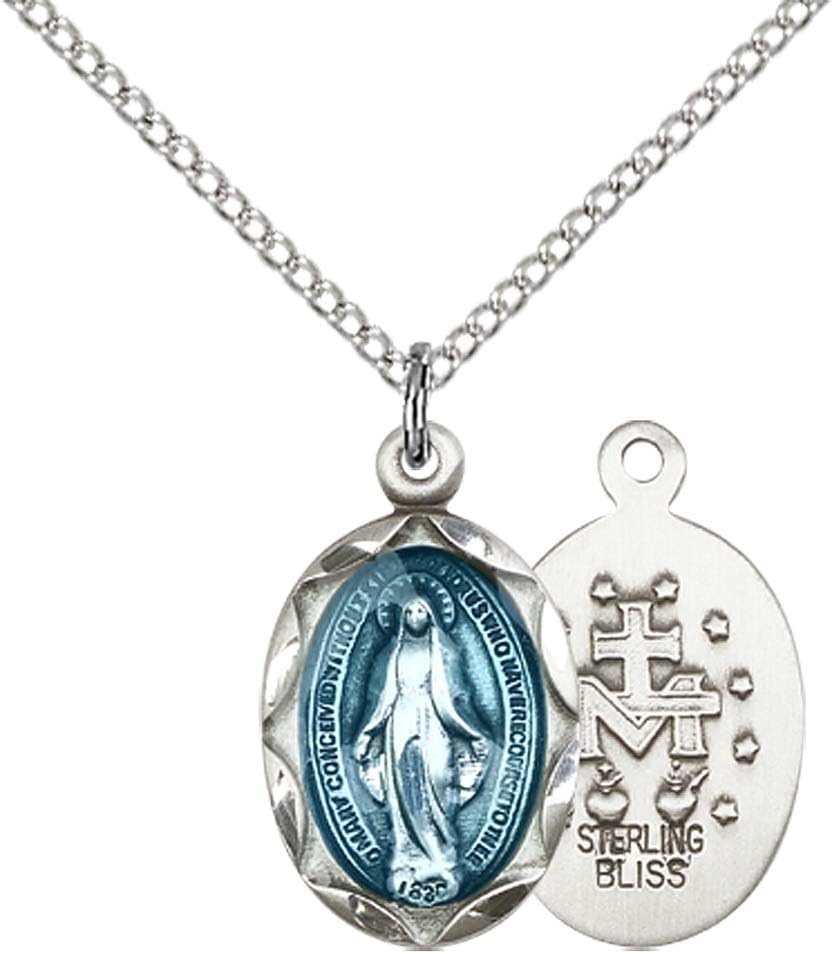 F A Dumont Sterling Silver Miraculous Pendant with 18" Sterling Silver Lite Curb Chain.