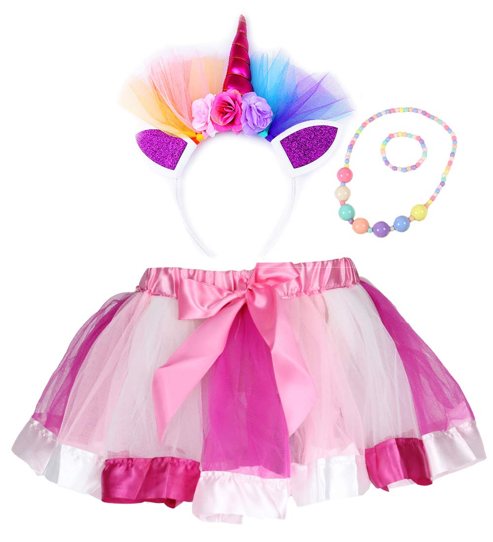 Girls Layered Rainbow Tutu Skirt with Unicorn Horn Headband (Pink, S)
