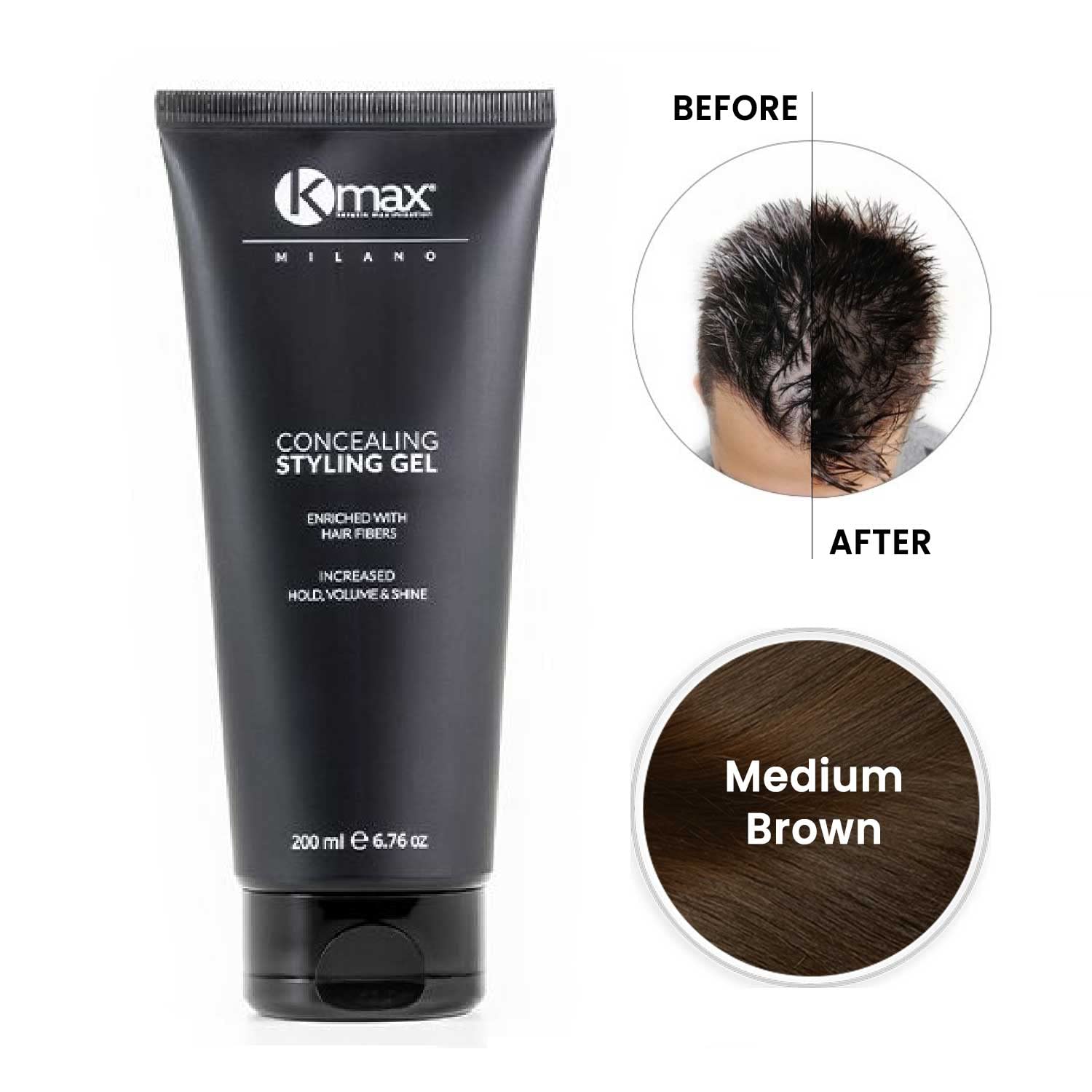 Kmax Gel capelli con fibre di cheratina effetto volumizzante 200ml, Gel colorato per capelli diradati, Gel per capelli Uomo e Donna - Castano Medio