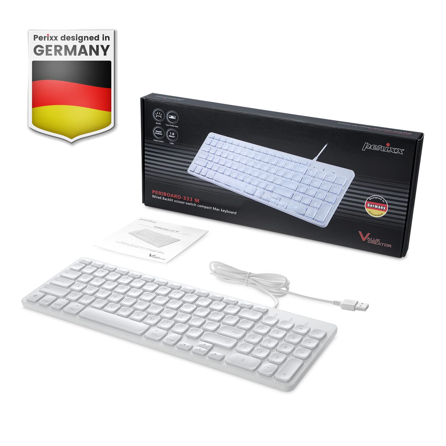 perixx PERIBOARD-333MW Kompaktowa podświetlana klawiatura dla komputerów Mac z kablem - cienkie nożyczki z dużymi literami - biała dioda LED - układ francuski AZERTY