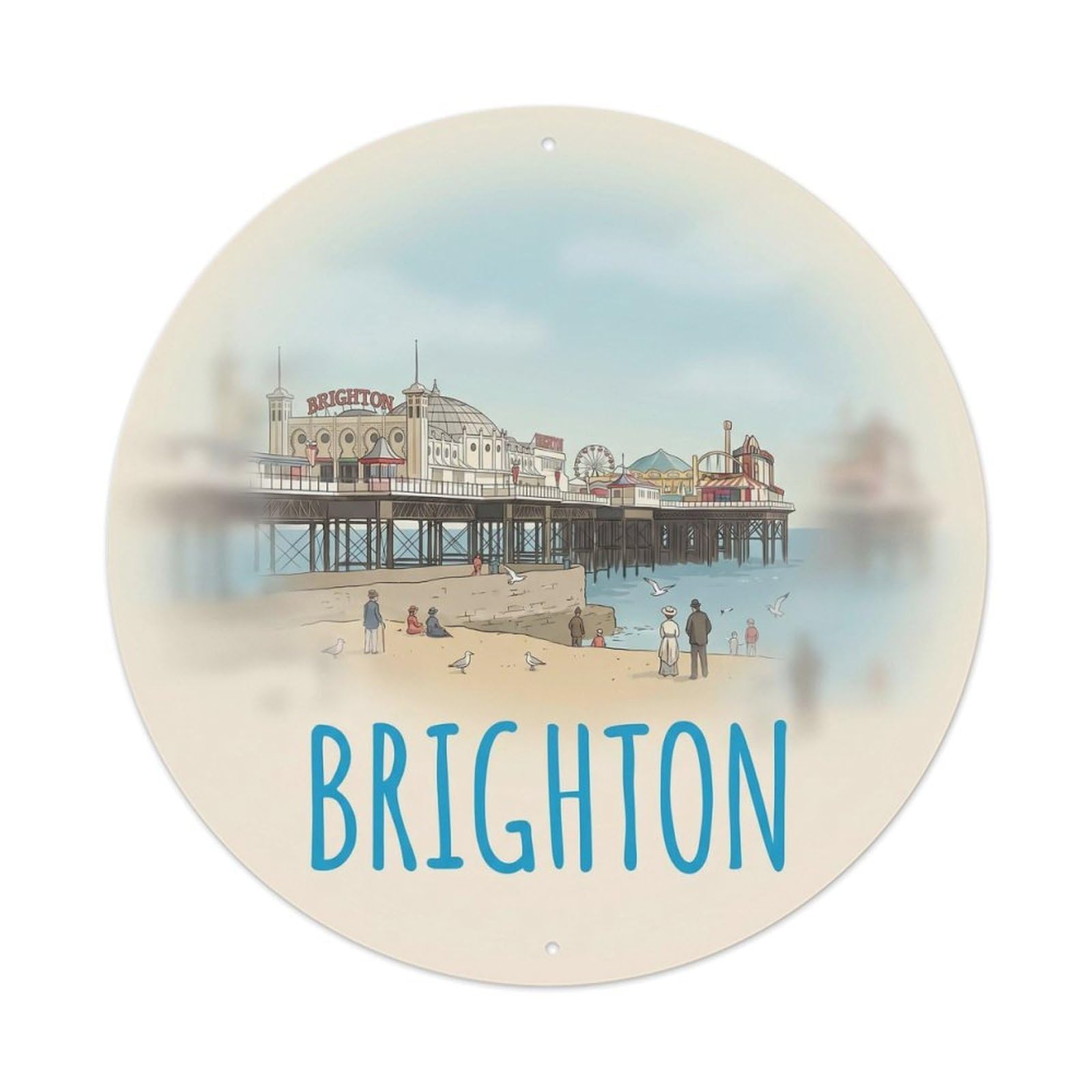 Brighton Pier Seaside Vintage Travel Landmark Cityscape Metal Tin Sign Plaque Wall Decor for Cafe, Man Cave, Club Bar, Office, Home Garden Round Metal Poster 8x8Inch
