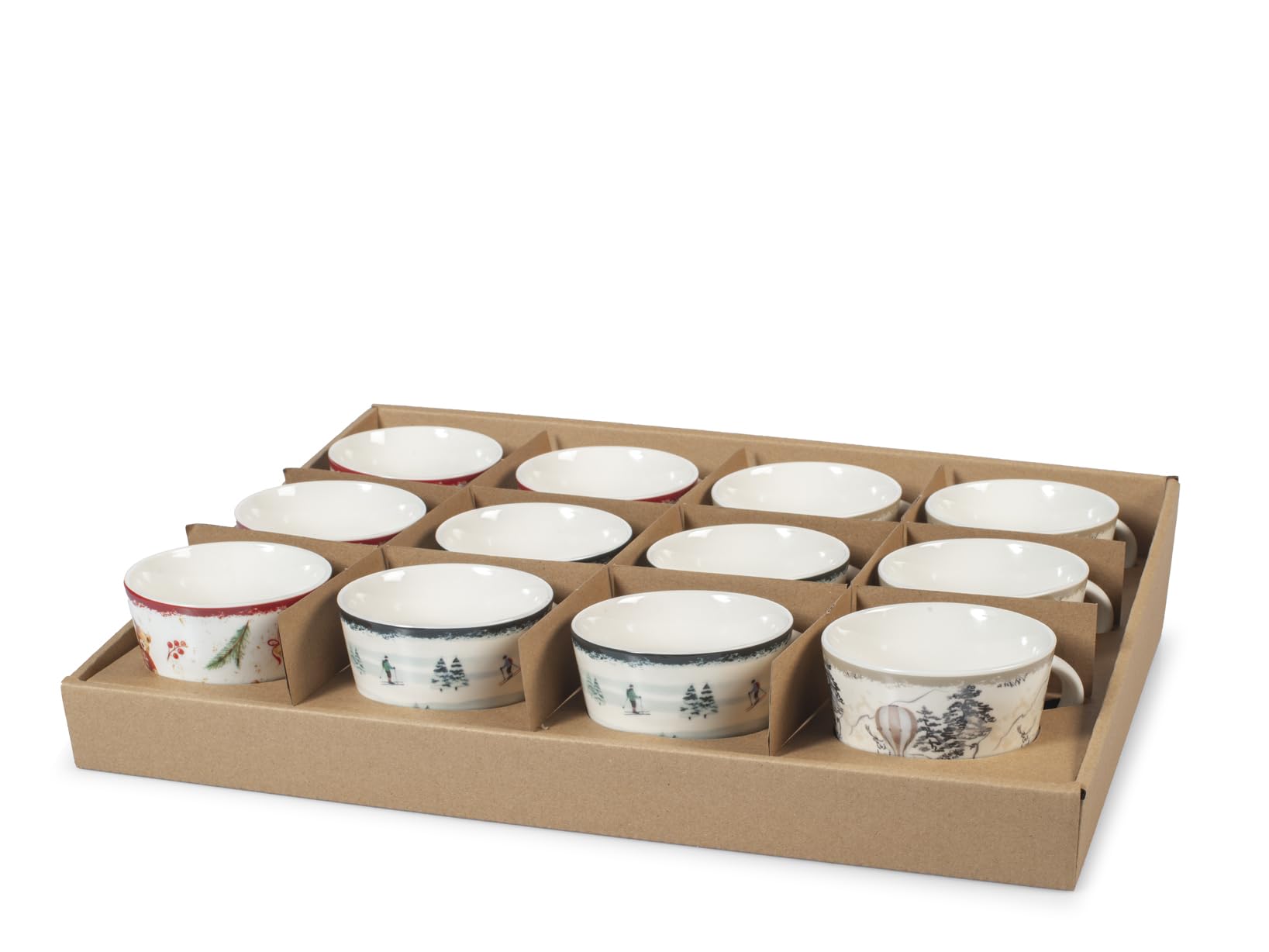 H&H Zestaw 12 filiżanek do herbaty z nowej porcelany kostnej – dekoracja zimowa, 280 ml, różne filiżanki z niedźwiedziem, balonem i narciarzami, eleganckie na śniadanie i herbatę