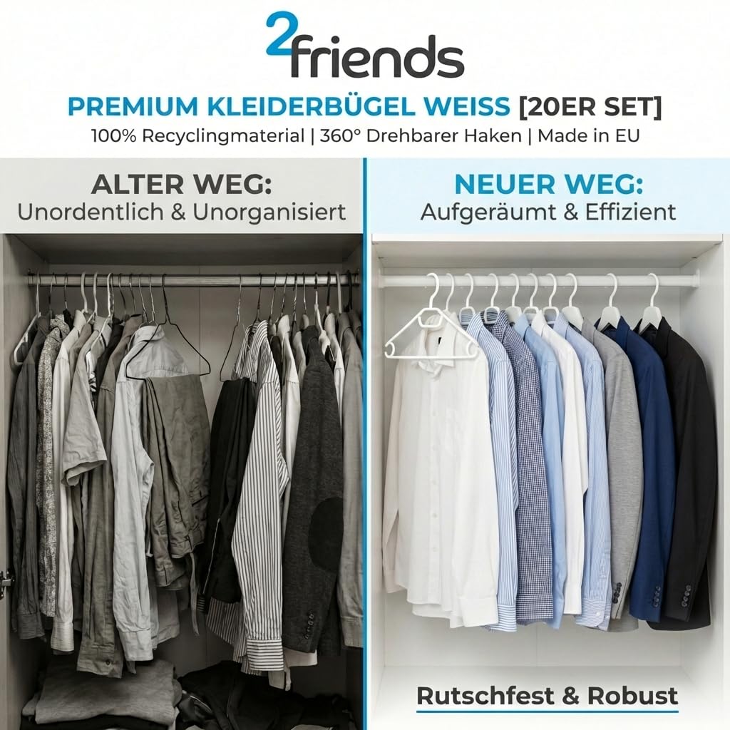 50 kledinghangers wit kunststof met draaibare haak – Ruimtebesparend 8 mm smal, antislip met antislipgroeven, broekstang & riemhouder, 41 cm Gemaakt in EU van 100% gerecycled materiaal Model Lea