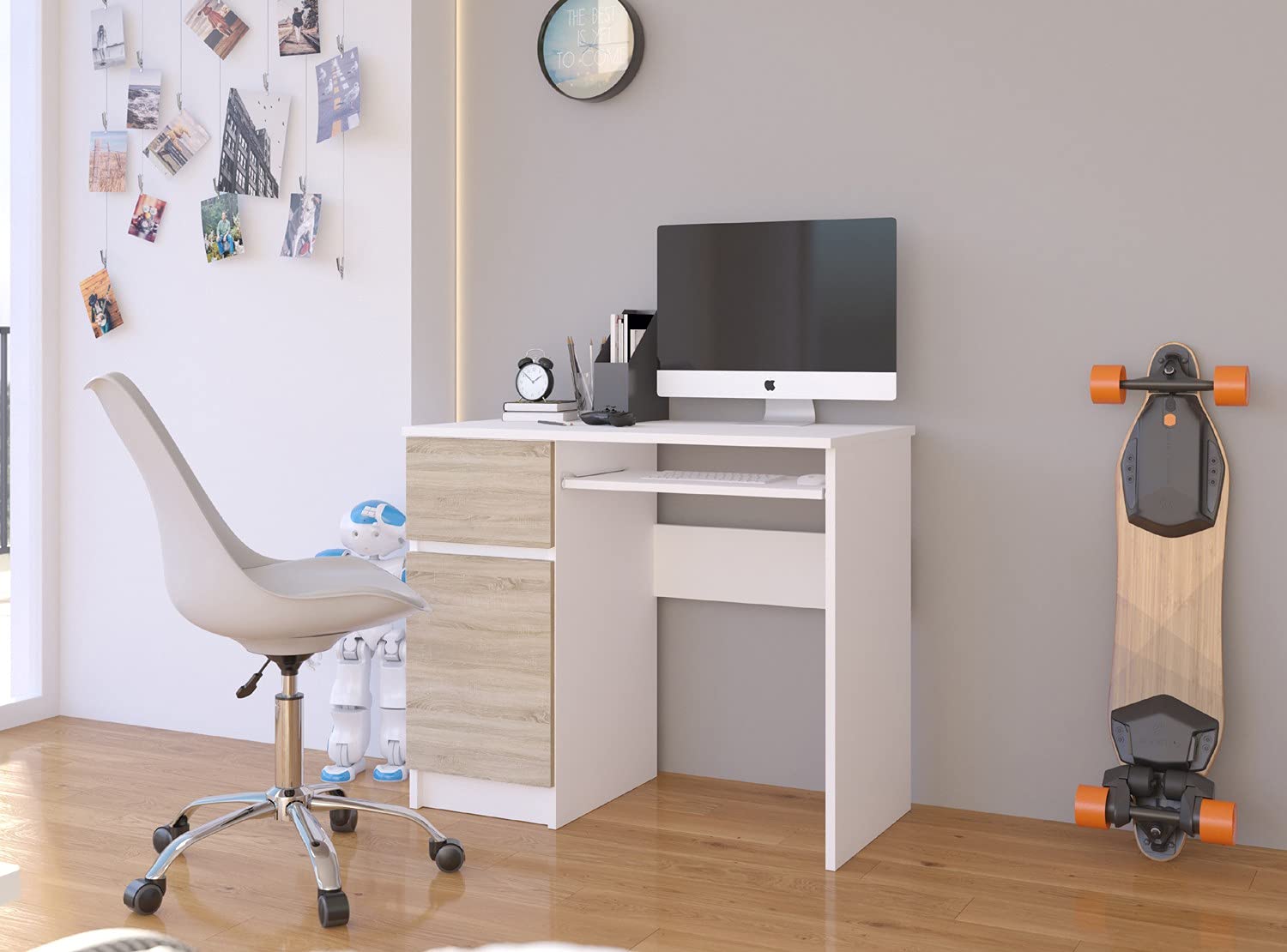 AKORD | Scrivania con Ripiano per Tastiera, Cassetto e Armadietto Sul Lato Sinistro | Scrittoio per Ufficio | Scrivania per Computer PC Laptop | Salvaspazio | 90x77x50 cm | 30 kg Bianco/Rovere Sonoma