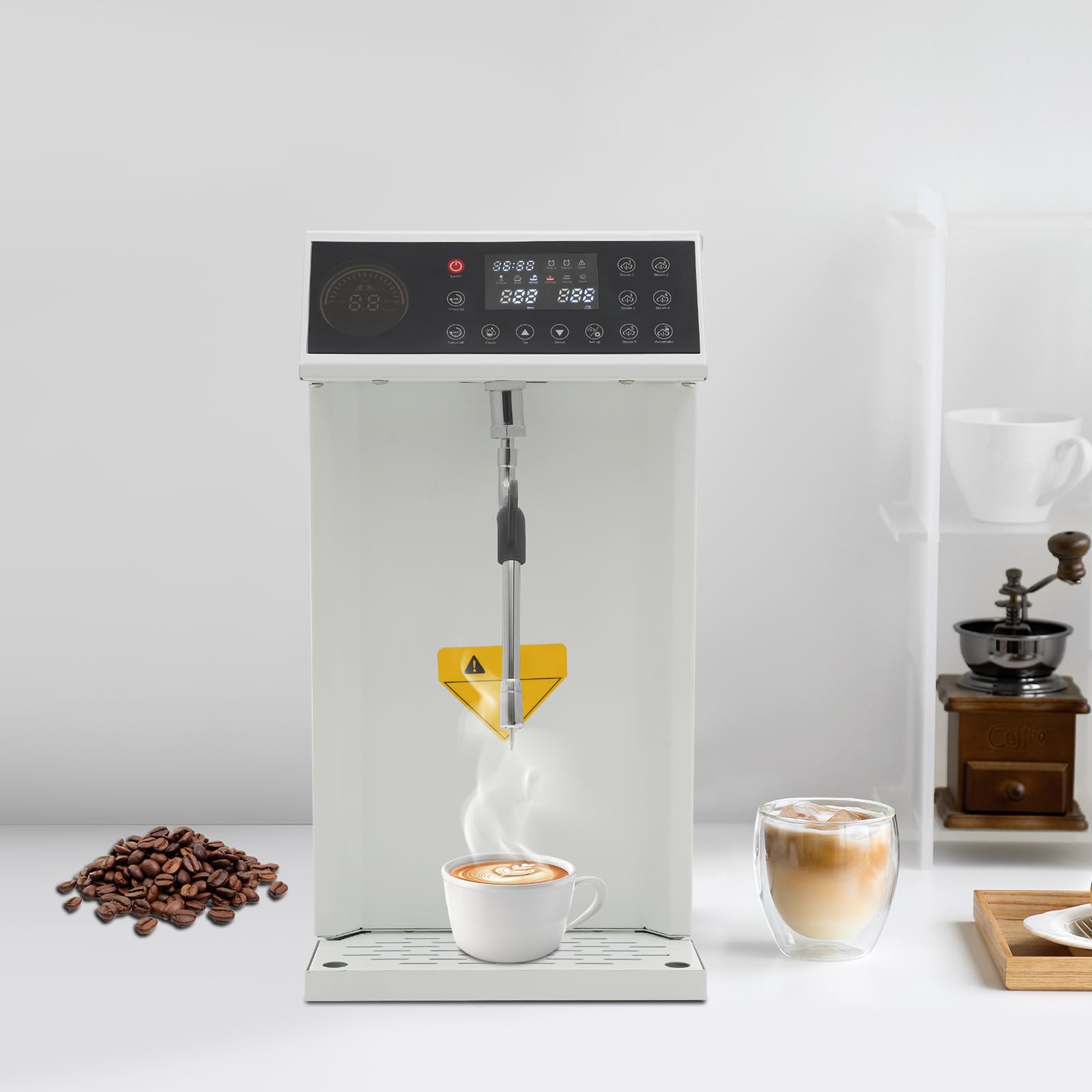 FXEIPOL Commercial Steam Milk Frother 8L/2.11Gal 1300W Fast Heating Milk Steamer Machine Timing 24H Steam Milk Foam Machine with LED Display for Cafes, Drink Shops