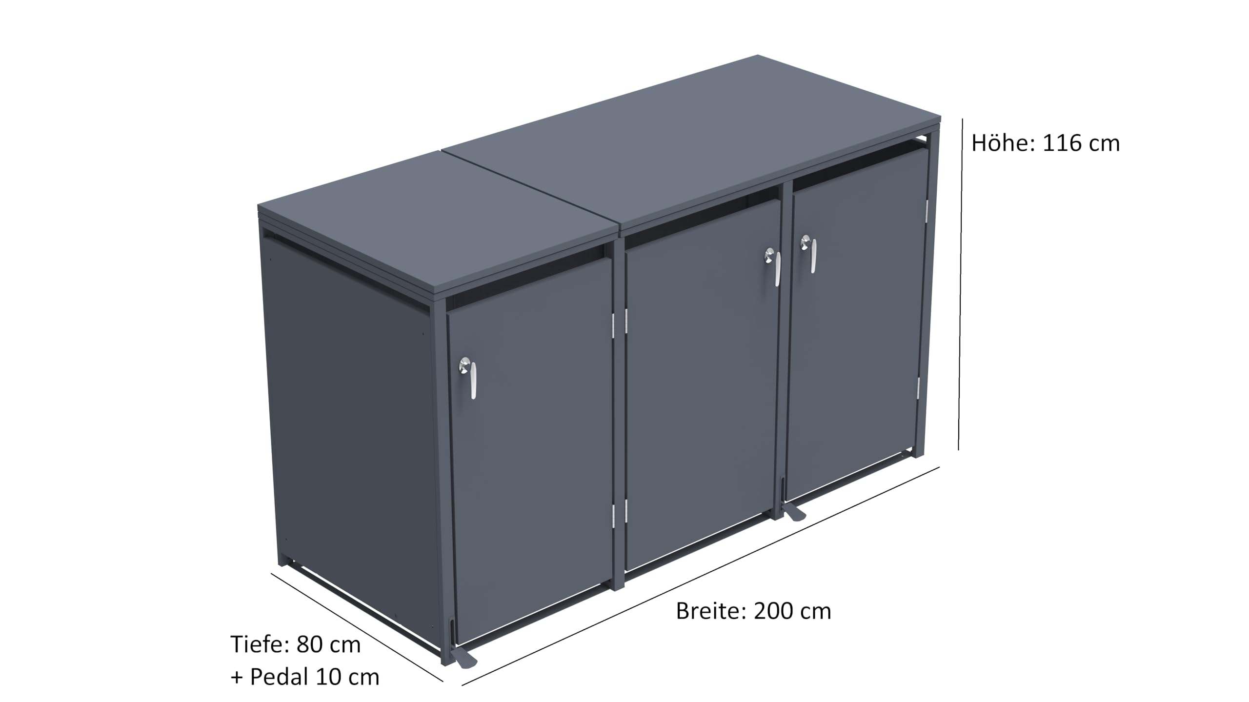 DEGAMO Mülltonnenbox 3-er Mülltonnenhaus BONN mit Fusspedal-Betätigung, für 3X Tonnen 120 und 240 Liter, Stahl verzinkt, Farbe anthrazit