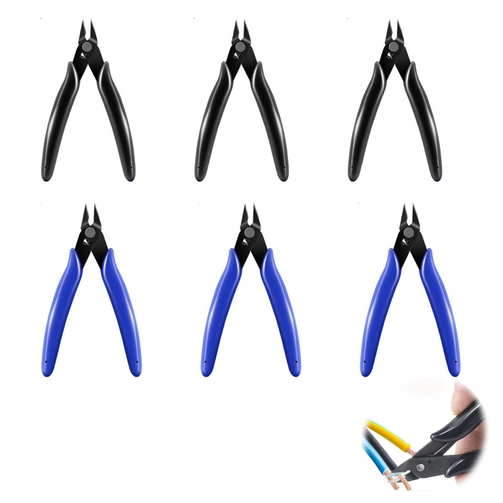 AropaeenGlowry 6-Piece Wire Cable Cutter Set - Precision Flush & Side Cutters with Wire Strippers, Electrical Snips Pliers with Soft Grip Handles (Blue & Black)