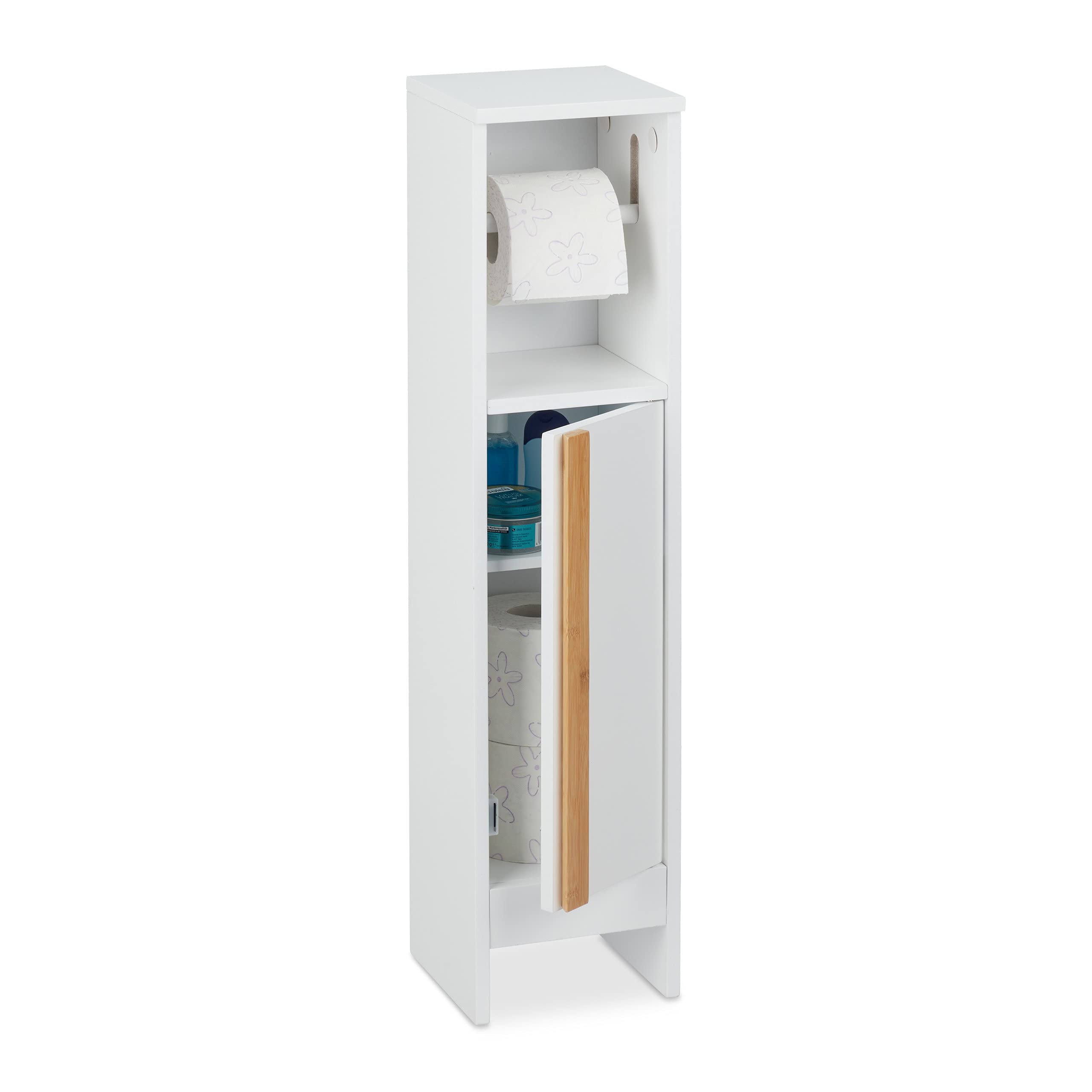 Relaxdays White Toilet Roll Holder, Free-Standing, Narrow, Storage, Bathroom Cabinet, Cupboard, Hxwxd 75.5X18.5x18.5 Cm, Fibreboard, 75.5 X 18.5 X 18.5 Cm