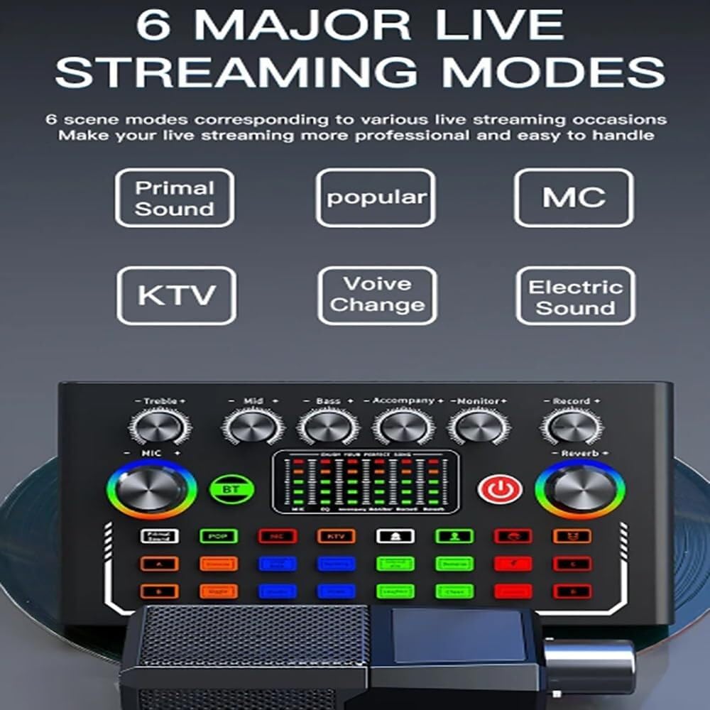 Mixer audio for giochi, bundle di apparecchiature for trasmissioni in diretta, Bluetooth, 10 effetti sonori, 6 modalità, riduzione intelligente del rumore, scheda audio live plug-and-play(Combo1)