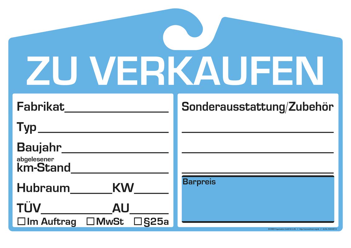 EICHNER 25x KFZ-Verkaufsschild, Universelle Passform, Innenspiegelhalterung, Blau, Rund, 345 mm x 445 mm, Kunststoff, Flach, Universal, Fahrzeugspiegel