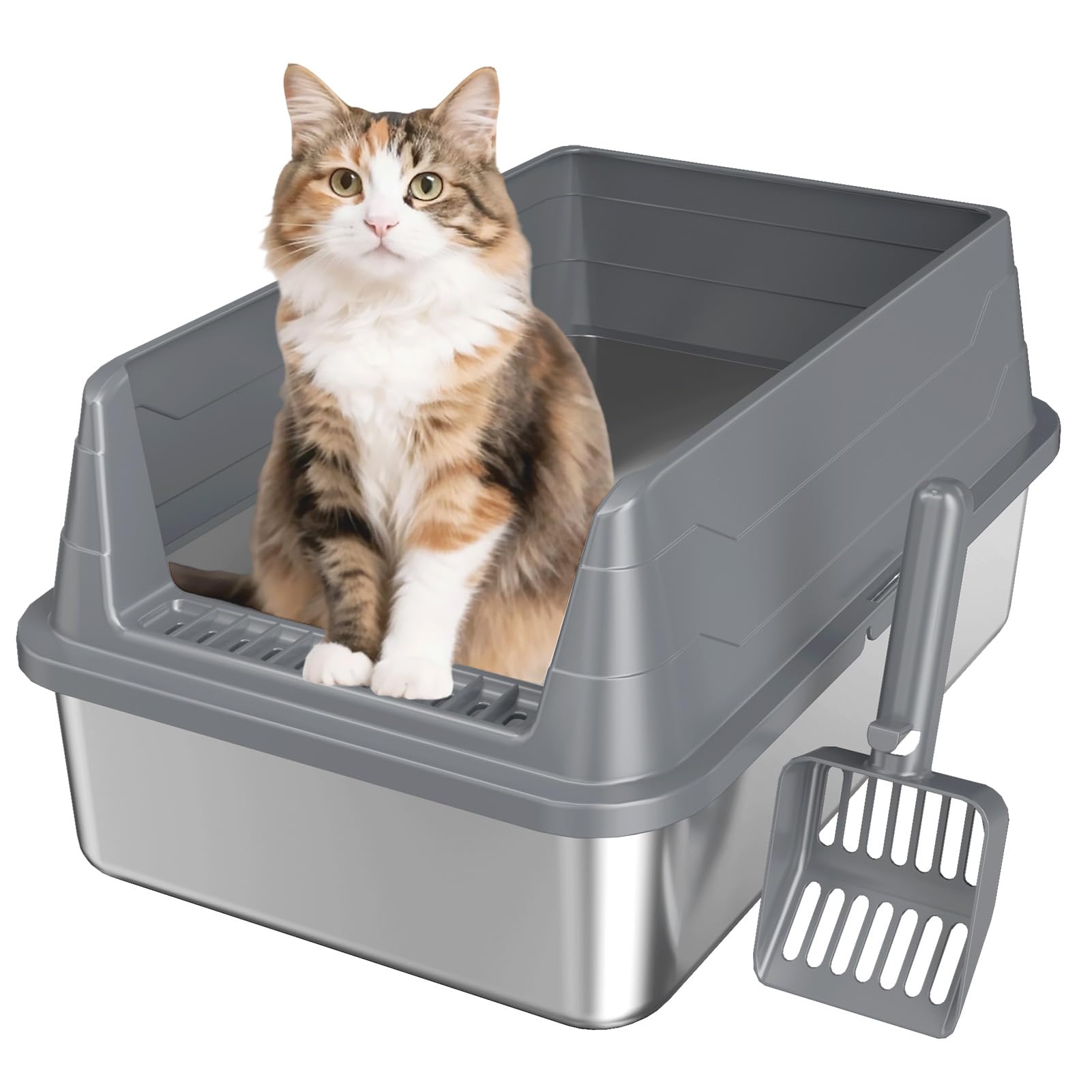 Stainless Steel Cat Litter Box, Odor Free Metal Litter Box with High Sides Lid, Open Top Low Entry Litter Pan Include Scoop Easy Cleaning Anti-Scratch Kitty Cat Box Anti-Urine Leakage, Non-Sticky