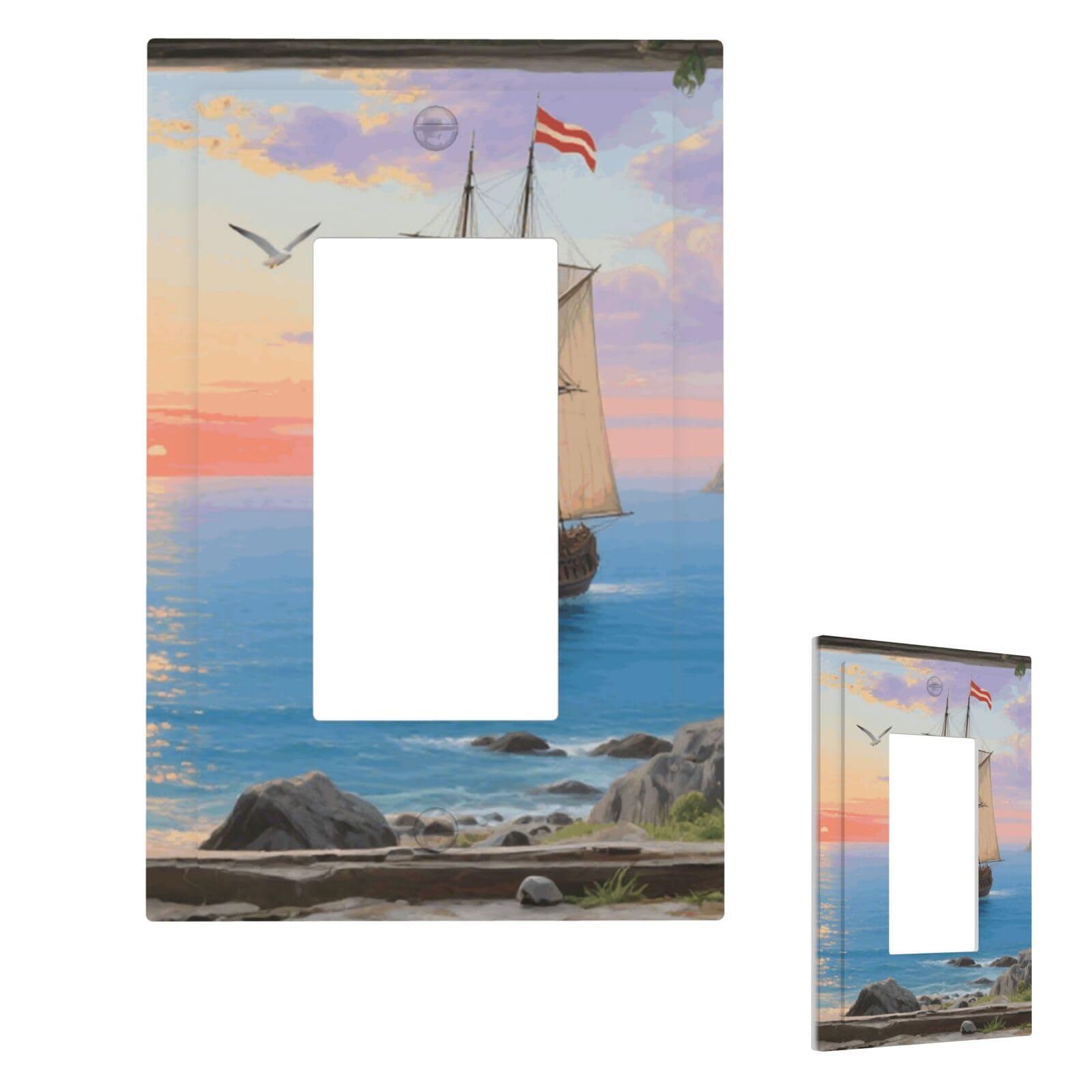 Window View Of Sailing Sailboat Wall Plate Cover Modern Decorative 1 Gang Light Switch Cover Unbreakable Receptacle Outlet Covers For Living Room Bedroom Home Decor 1 Gang