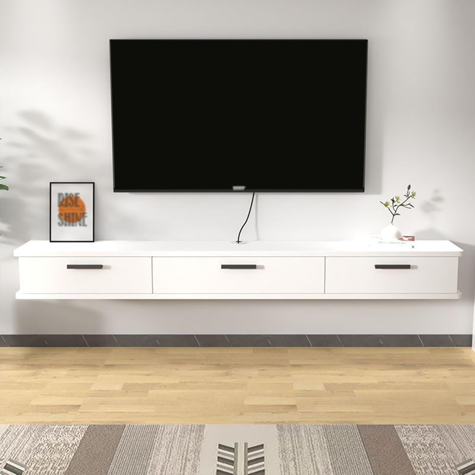Mensola Porta TV sospesa - Console TV Lunga montata a Parete con Anta Ribaltabile, Soluzione di archiviazione per Soggiorno, Bianco Elegante (160x22x20 cm) - Mobile TV salvaspazio.