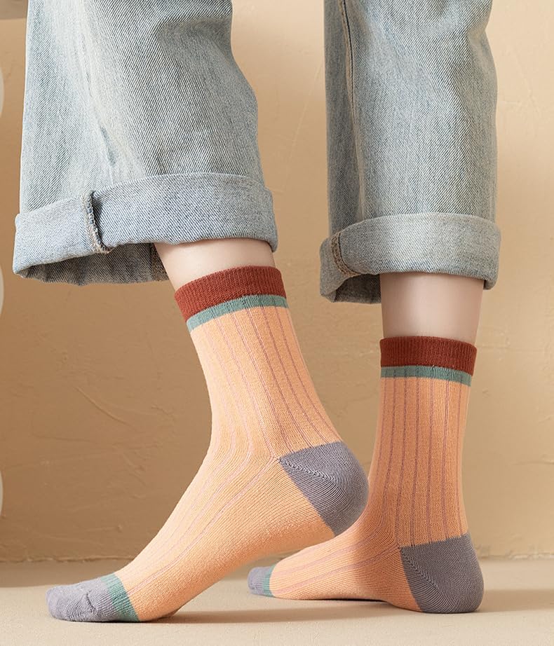 5-Pack Colorblock Print Women's Crew Socks Cute Printed Designs Toe-Seamed & Soft One-Size Fits Most - Image 4