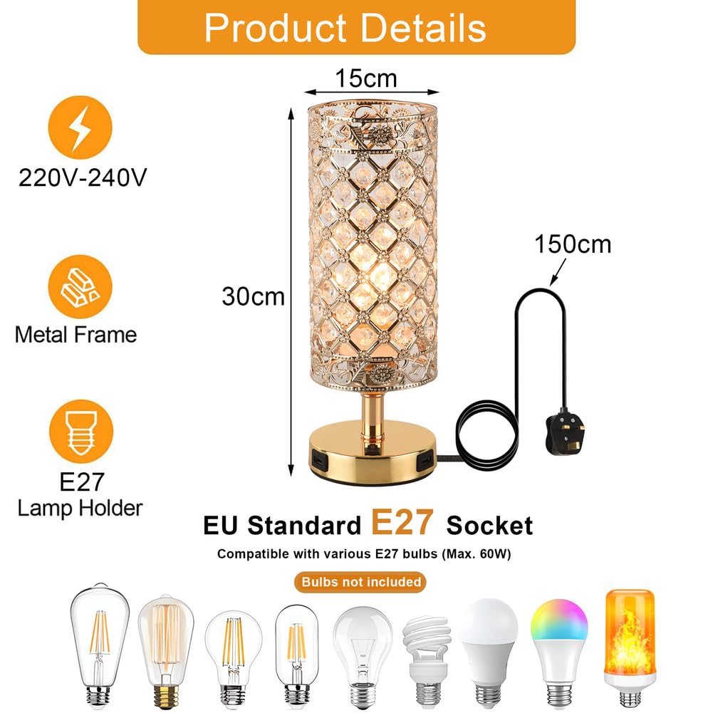 JHYPVII Modern Crystal Table Lamp with Dual USB Charging Port, Gold Bedroom Nightstand Table Lamps with Switch - Image 3