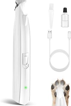 Dog Paw Trimmer for Grooming, Cordless Electric Dog Clippers with LED Light, Rechargeable Low Noise Small Pet Shaver for Trimming Cats Hair Around Eyes, Faces, Ears, Paws, RumpWhite