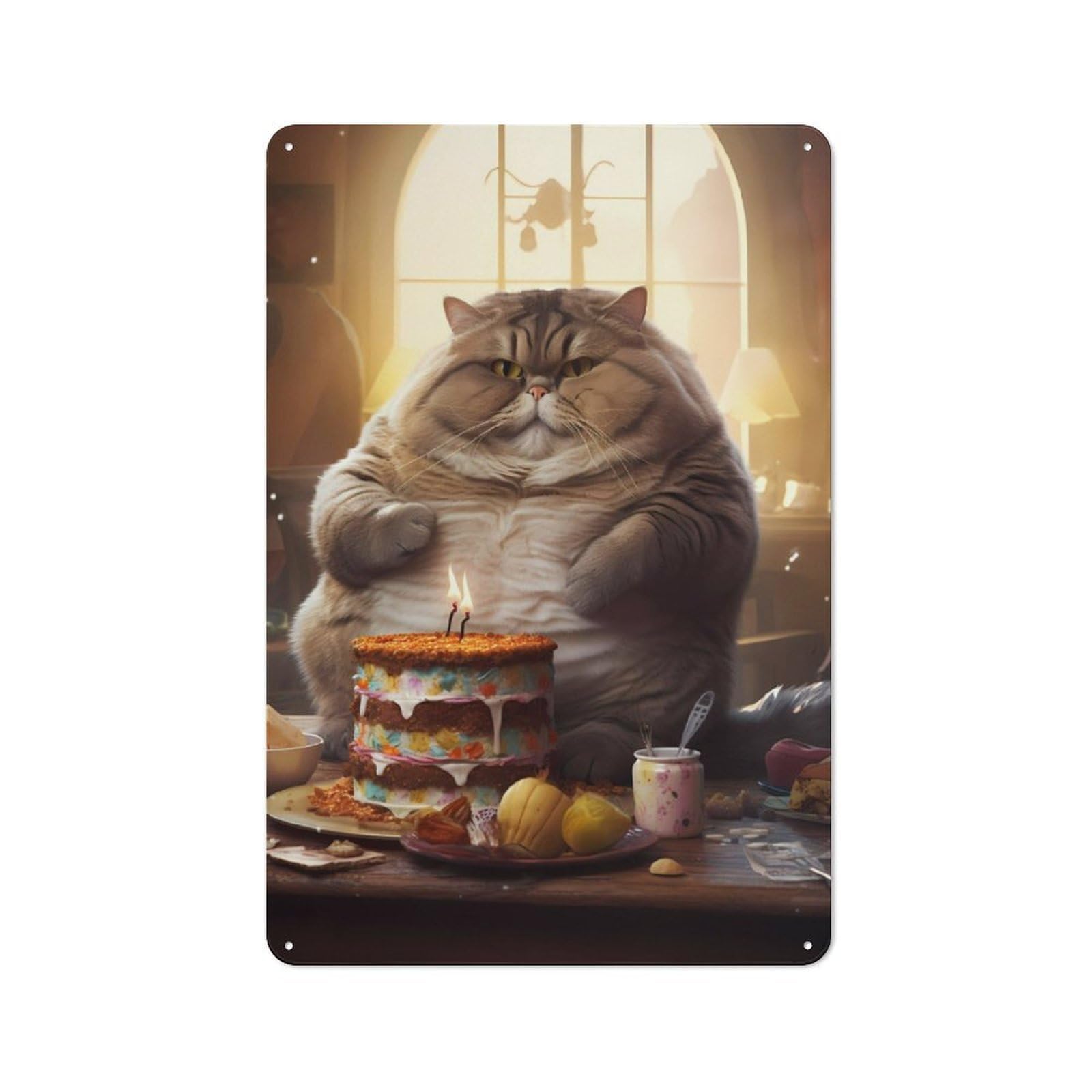 Junmoney Fat Cat Birthday Cake Food Printed Metal Sign 30X20cm For Studio Or Craft Room, For Creative-Space Collectors