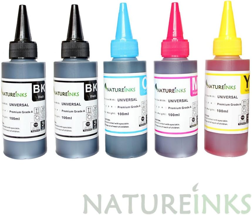 500ml Universal Premium dye Refill Printer Ink Bottles kit includes 200ml x Black, 100ml x Cyan, 100ml x Magenta and 100ml x Yellow to empty Refillable ink cartridge or CISS system by Natureinks