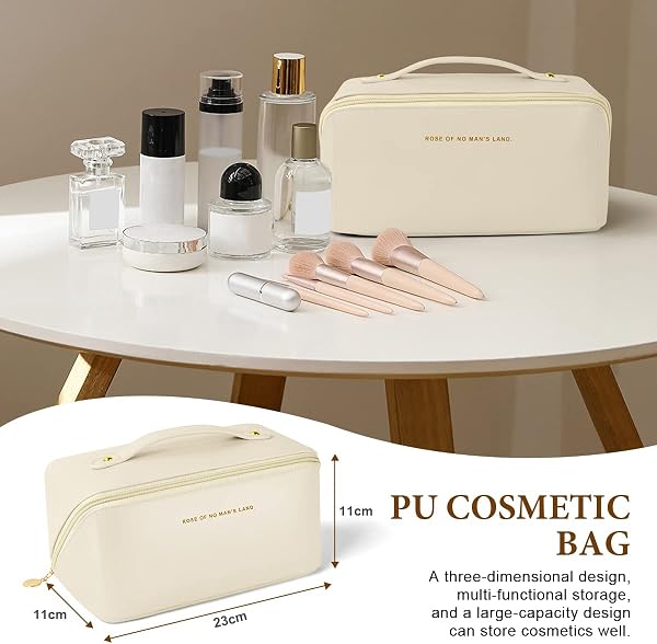 Aucuu Grande Trousse de Maquillage Voyage avec Poignée, Étanche Portable Trousse de Rangement Toilette Femme, Sac à Cosmétiques en Cuir PU Pochette - 2