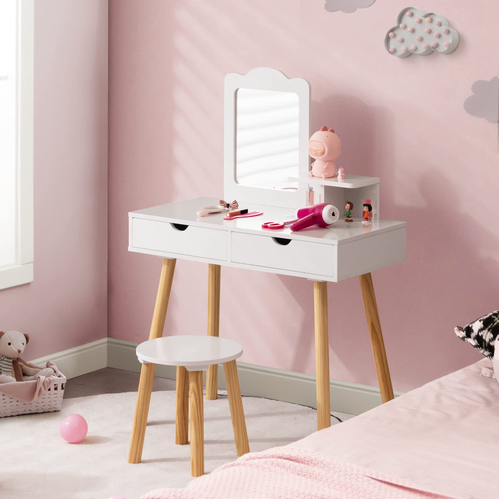 COSTWAY Juego de Tocador Infantil Niña, 2 en 1 Mesa de Tocador y Taburete de Madera para Niños con 1 Espejo Rectangular y 2 Cajones Grandes, Tocador de Maquillaje para Niña de 3 a 7 Años,White