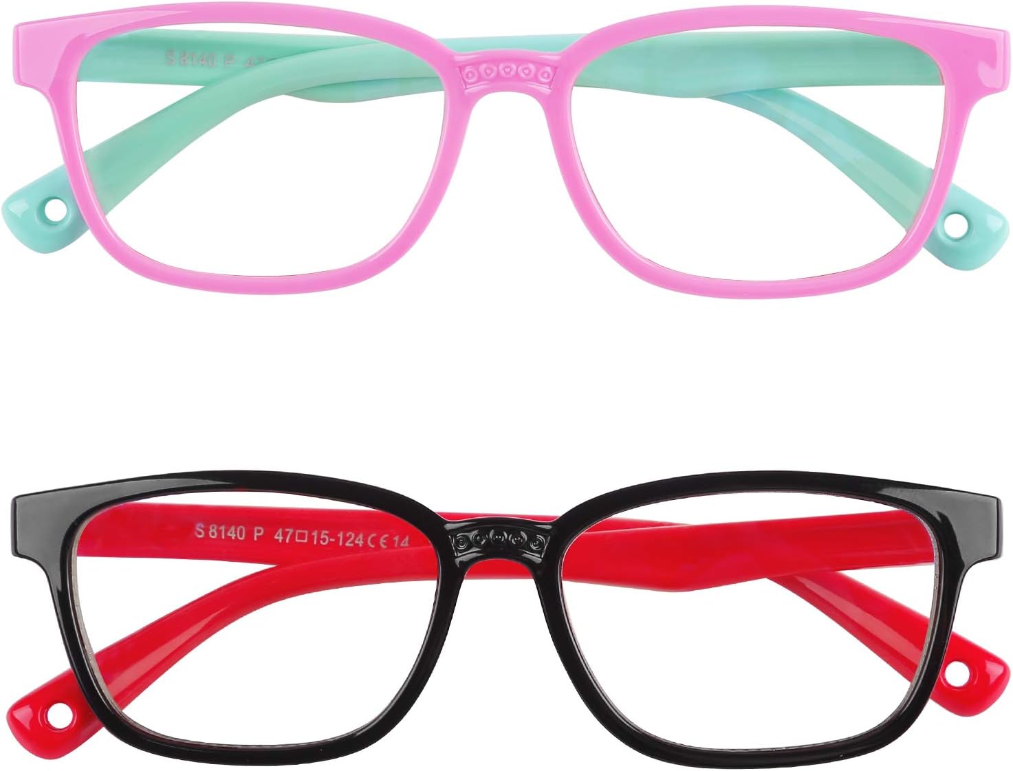Dapaser 2 Pack Kids Blue Light Glasses Boys Girls, UV Protection Anti Blue Glasses with Case, TV Computer Gaming Glasses for Age 3-12 (Pink Green + Black Red)