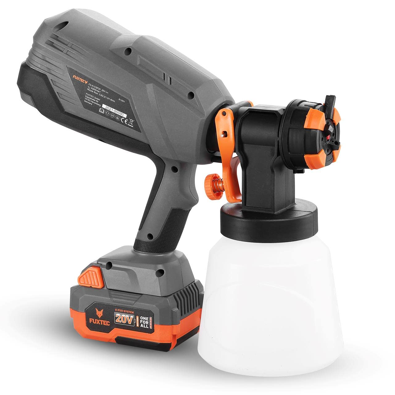 Fuxtec Akku Farbsprühsystem 20V FX-E1CSP20-SET – 1l Lackierpistole – Farbsprüher mit 3 Sprühmustern und verschiedenen Düsen – Sprühpistole 600ml/min – Inklusive Akku und Ladegerät