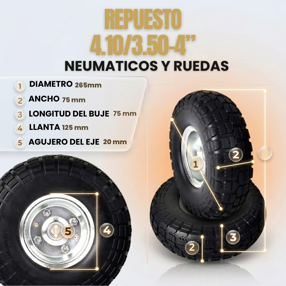 Ruedas para Carretilla 4.10/3.50-4 (2 Unidades) – Rueda Inflable con Llanta de Acero y Rodamientos – Orificio 20 mm, Cubo 75 mm – Para Carretillas de Mano, Carros de Jardín, Carretón, Compresor y etc.