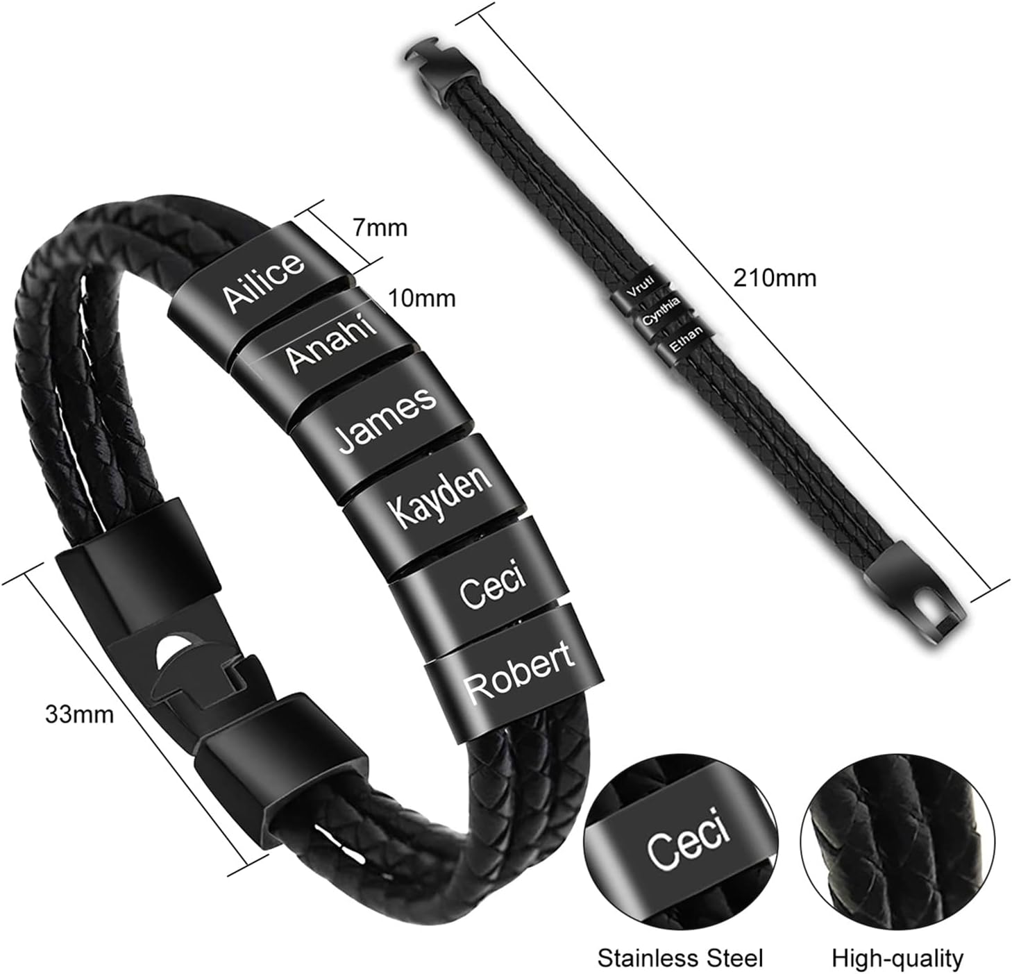 Personalized Mens Bracelets for Dad Engraved Name Bracelet for Men Custom Braid Leather Bracelet for Father Papa Boyfriend Grandpa Gift Father’s Day Christmas