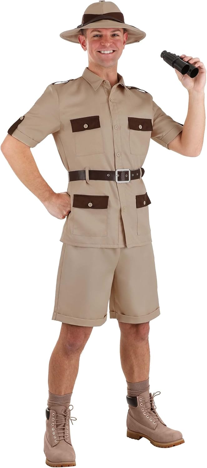 Men's Safari Explorer Halloween Costume | Adult Complete Outfit with Shirt, Shorts, Hat, Belt, and Functional Pockets